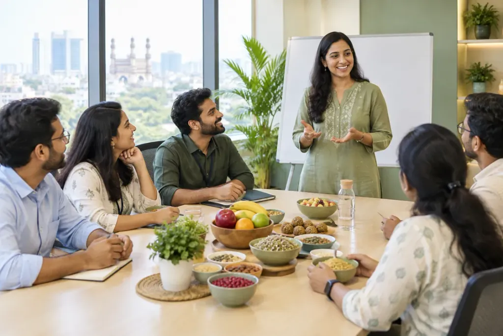 A nutrition workshop: a presenter at a whiteboard and colleagues around a table of fruit and snacks