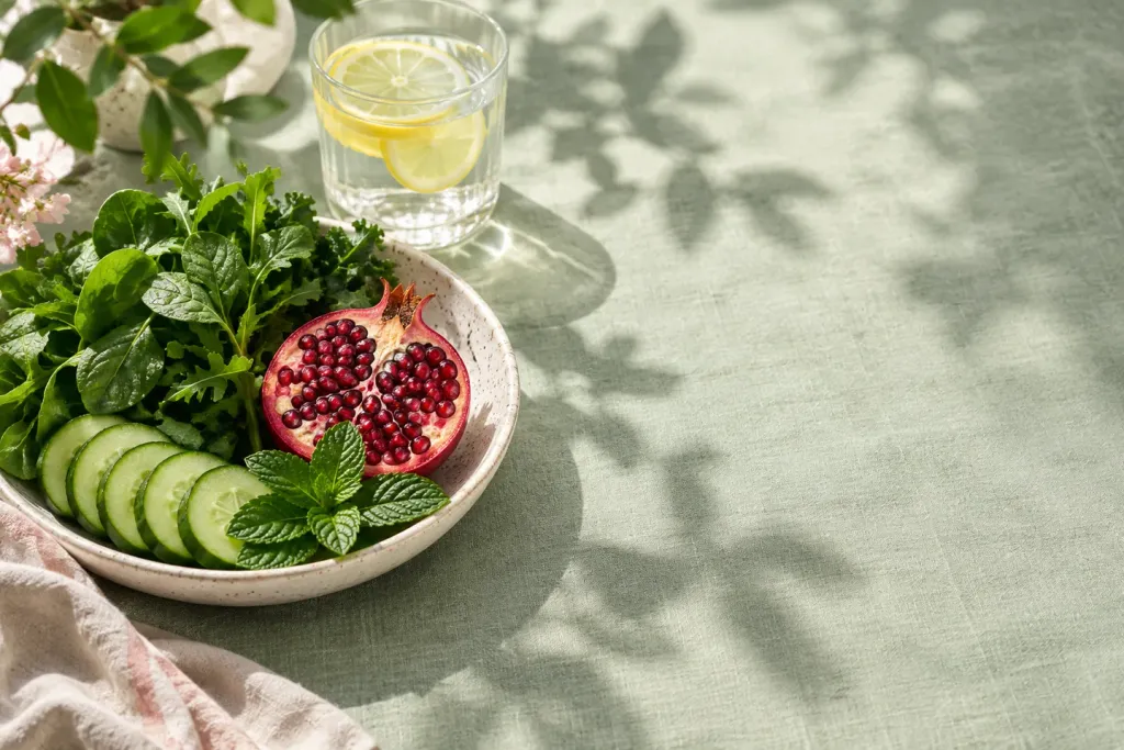 A bowl of greens, cucumber and pomegranate with a glass of lemon water in dappled light.