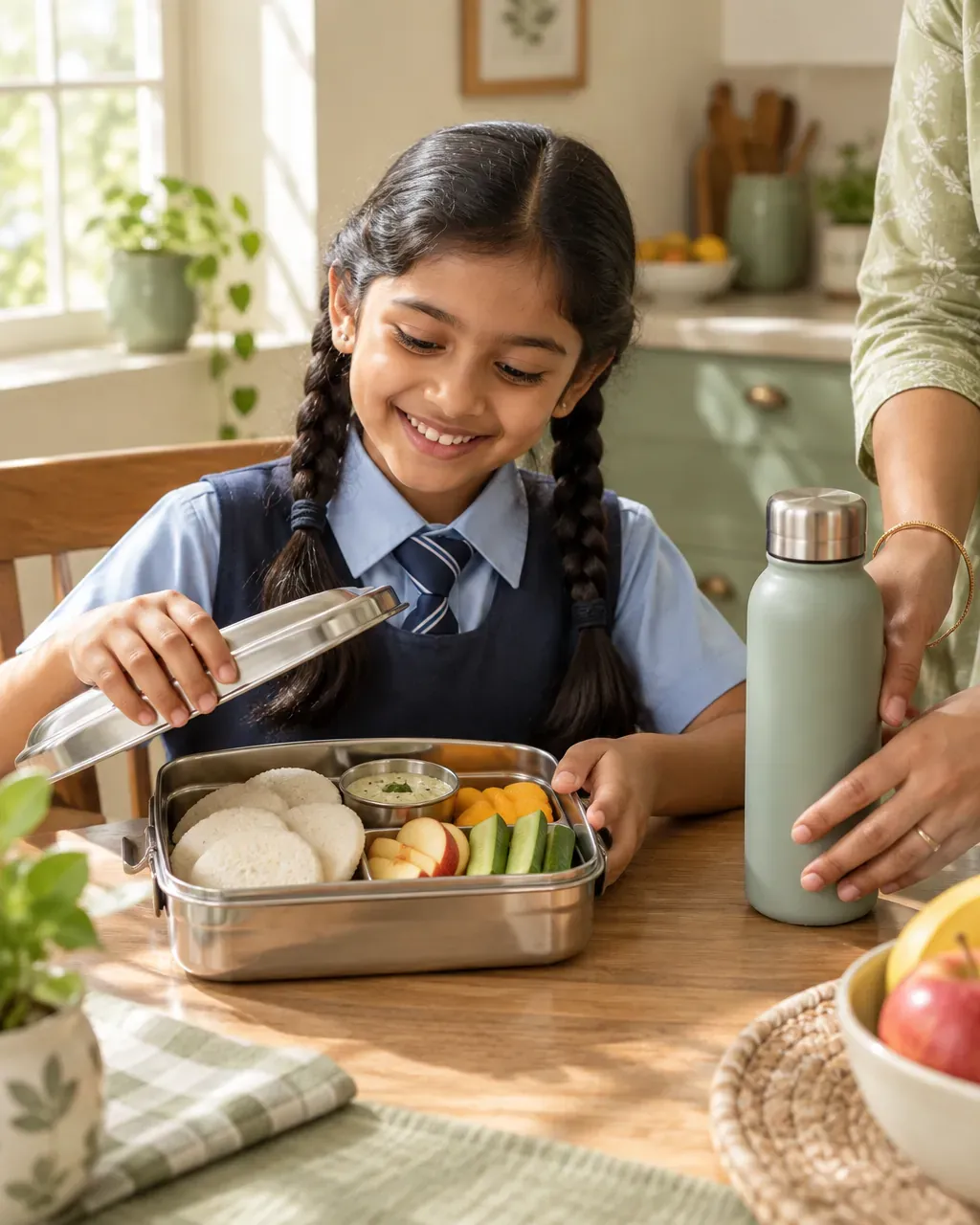 A schoolgirl packing a steel lunchbox with rotis, fruit and vegetables at the kitchen table.