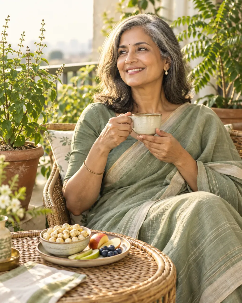 A woman in a green sari relaxing with a cup of tea beside a plate of fruit and nuts.