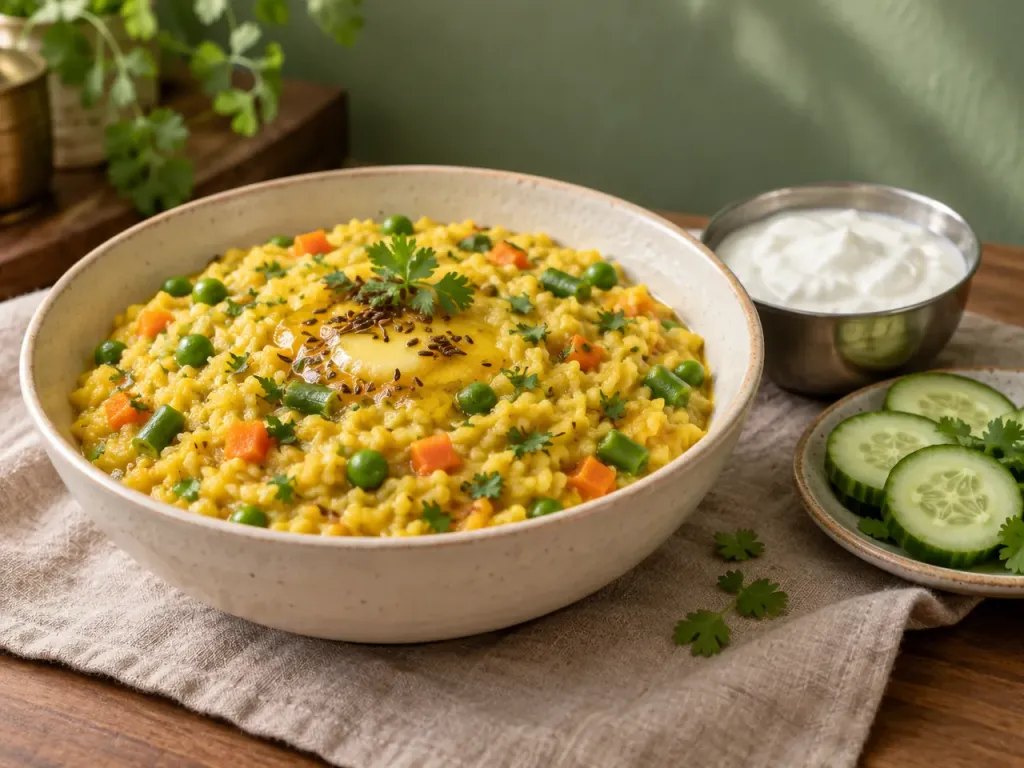 A bowl of vegetable khichdi with peas and carrot, with curd and cucumber on the side.